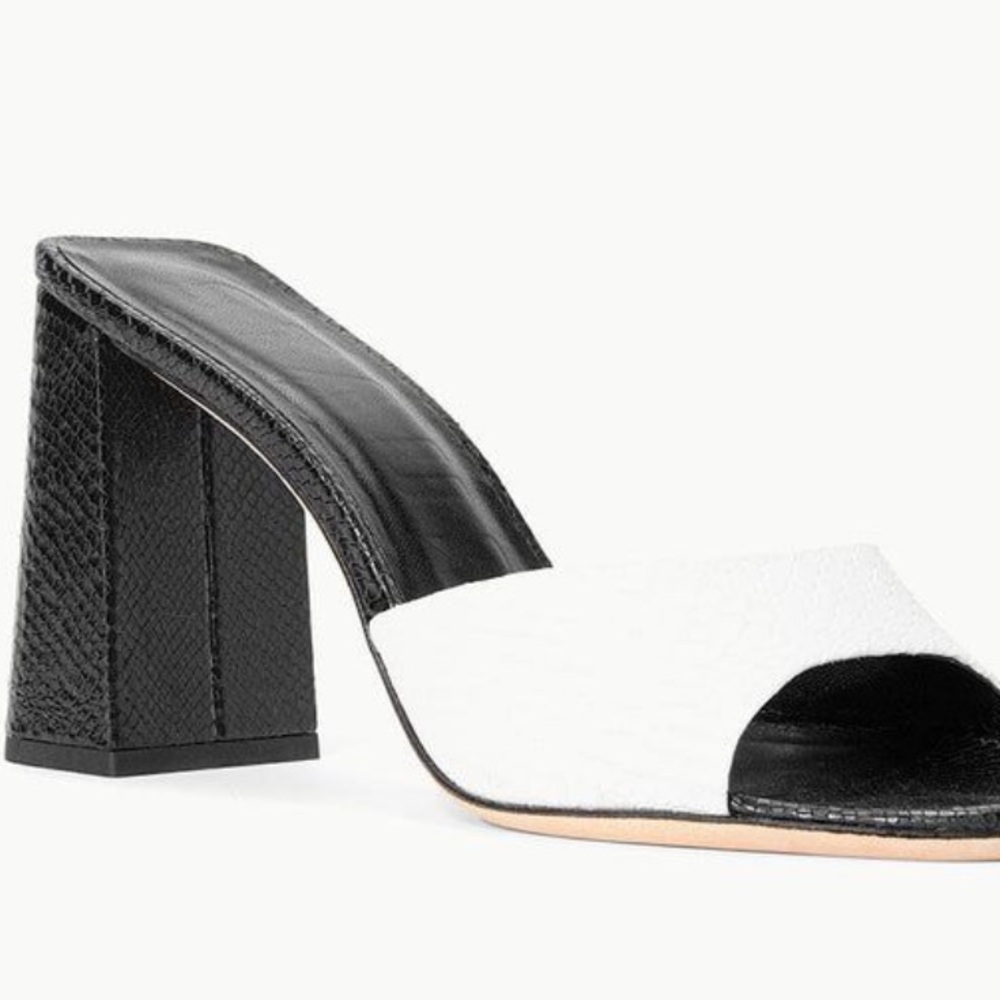 STAUD women’s Sloan Black and White Textured high block sandals Heels